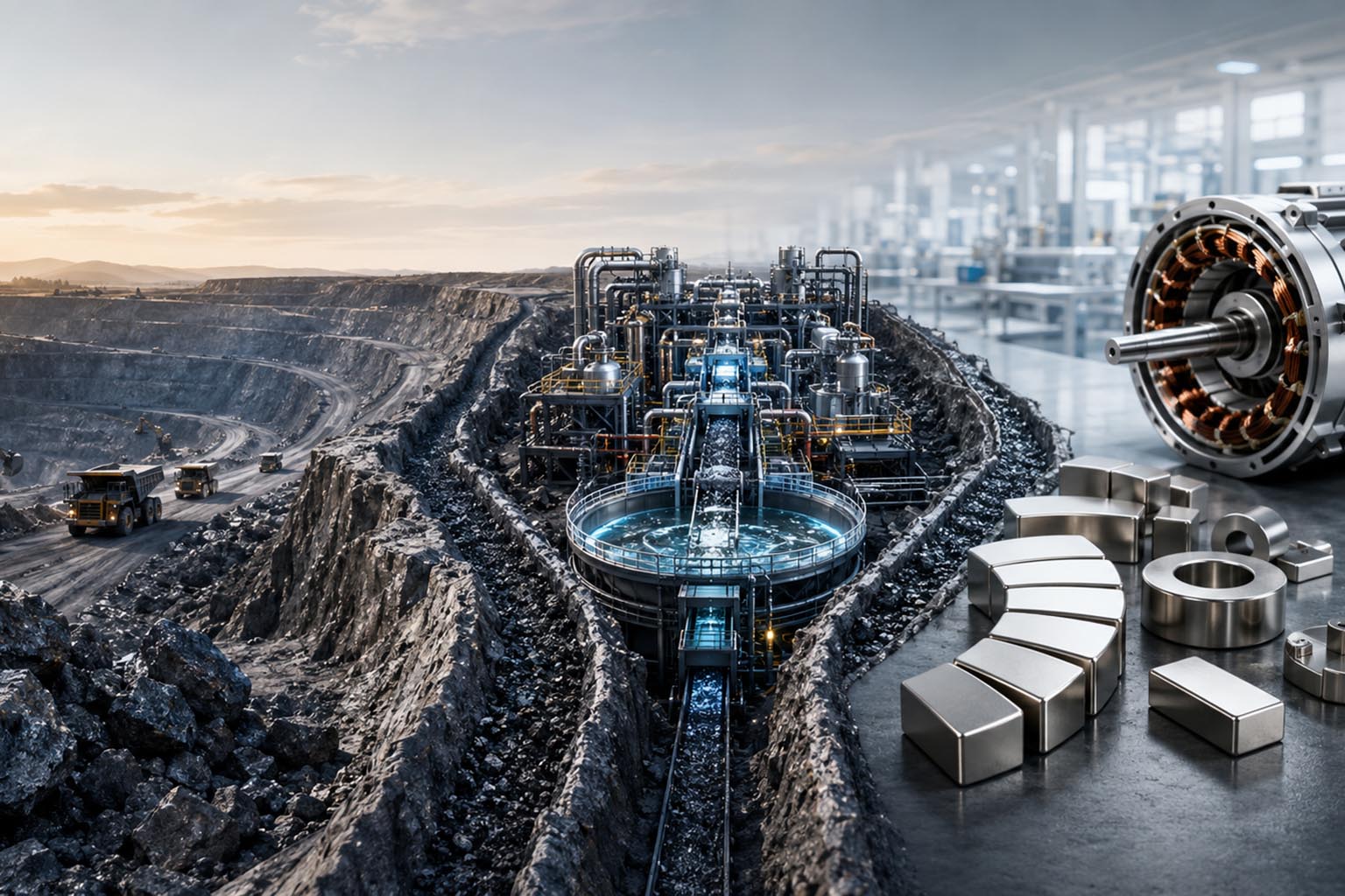 A mine, processing plant, rare earth magnets and an electric motor representing an integrated critical-minerals supply chain